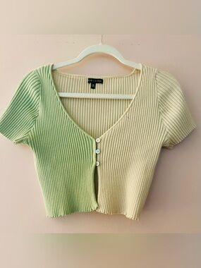Kendall & Kylie Two-Tone Green and Cream Ribbed Crop Top